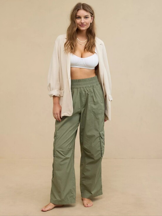aerie Pants - Aerie Easiest Cargo Pants High Waisted Wide Leg Olive Green 100% Cotton Size L